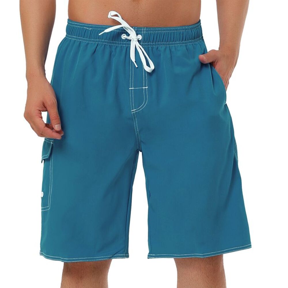 Summer Solid Shorts Drawstring Elastic Waist Swim Beach Board Shorts Blue